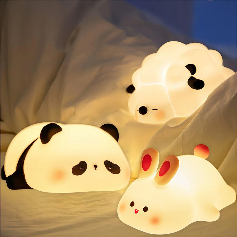 Luzes noturnas led fofas de ovelha, panda, coelho, hipopótamo e porco lâmpada de silicone recarregável usb cronometragem decoração de cabeceira crianças bebê luz noturna presente de aniversário